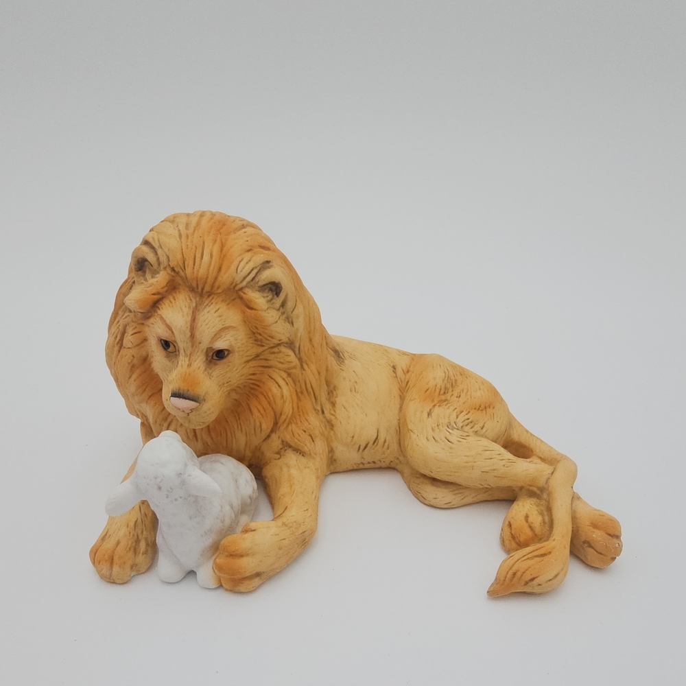 Lion and Rabbit Figurine - Tan and White